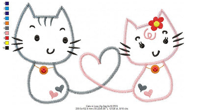 Cats in Love – Zig Zag Appliqué – Machine Embroidery Design