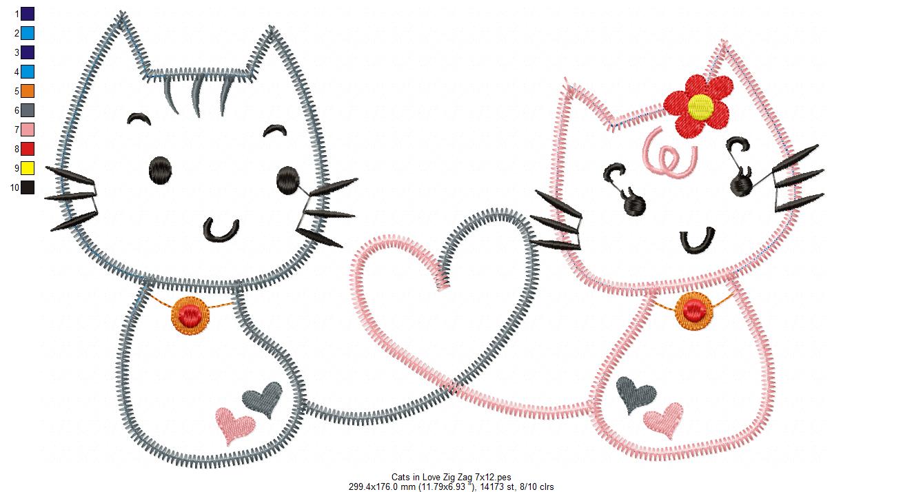 Cats in Love – Zig Zag Appliqué – Machine Embroidery Design