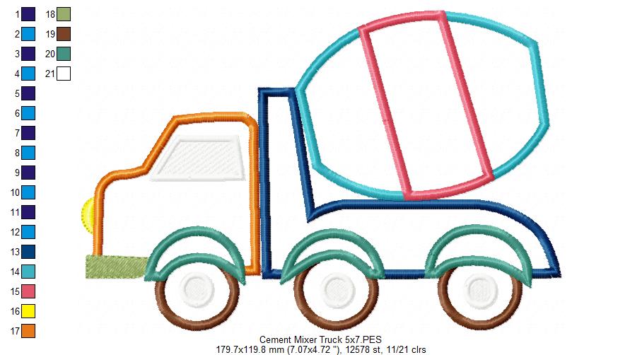 Cement Mixer Truck  - Applique - Machine Embroidery Design