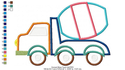 Cement Mixer Truck  - Applique - Machine Embroidery Design