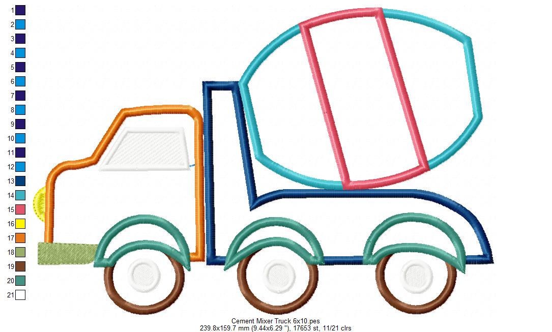 Cement Mixer Truck  - Applique - Machine Embroidery Design
