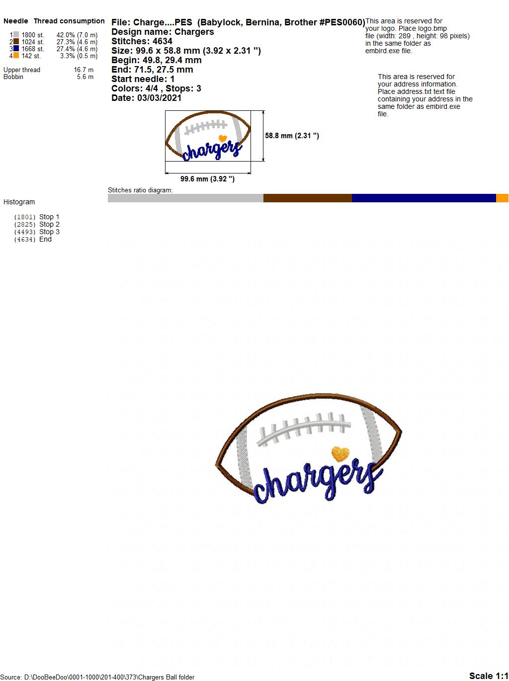 Chargers Football - Satin Stitch – Machine Embroidery Design