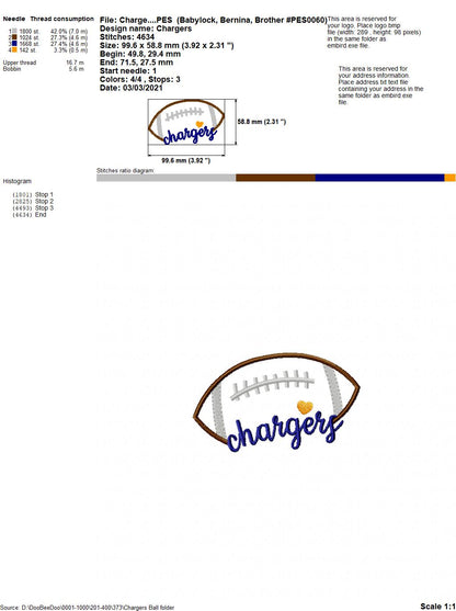 Chargers Football - Satin Stitch – Machine Embroidery Design