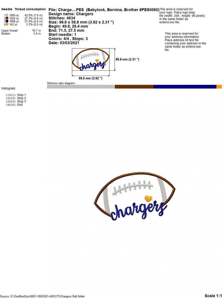 Football Chargers Ball - Fill Stitch