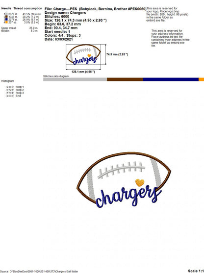 Chargers Football - Satin Stitch – Machine Embroidery Design