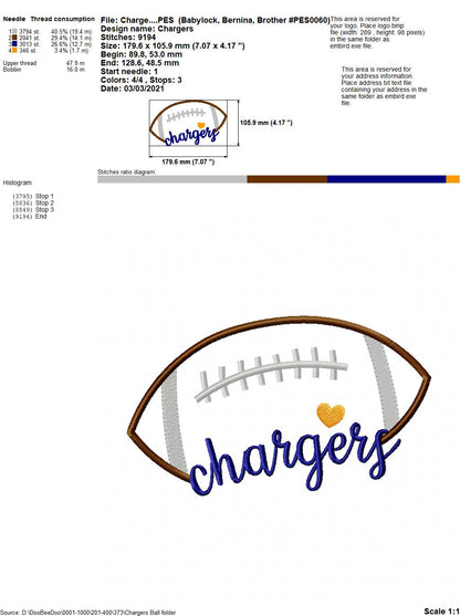 Chargers Football - Satin Stitch – Machine Embroidery Design