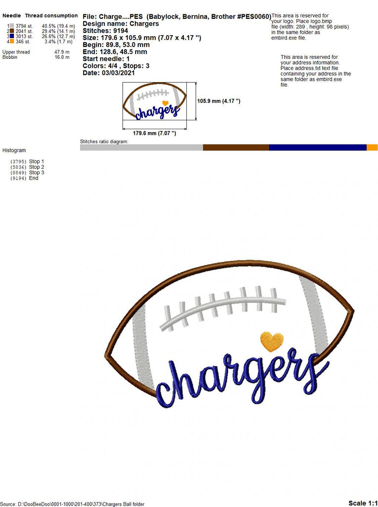 Football Chargers Ball - Fill Stitch