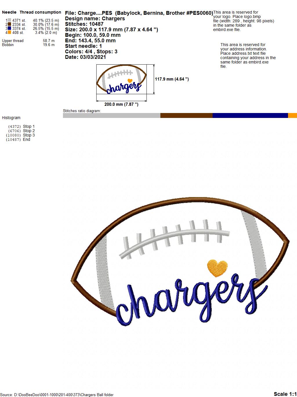 Chargers Football - Satin Stitch – Machine Embroidery Design