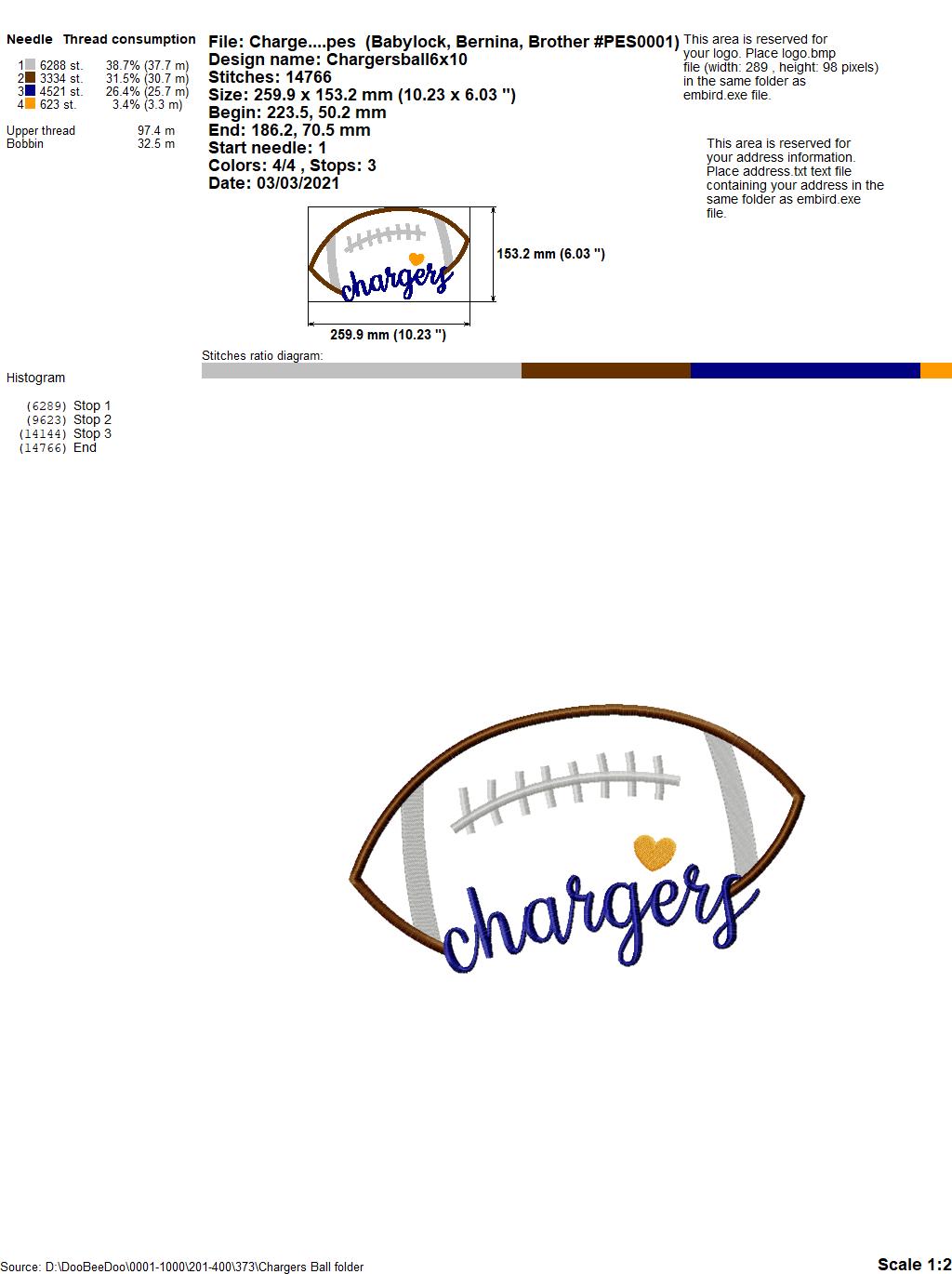 Chargers Football - Satin Stitch – Machine Embroidery Design