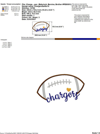 Chargers Football - Satin Stitch – Machine Embroidery Design