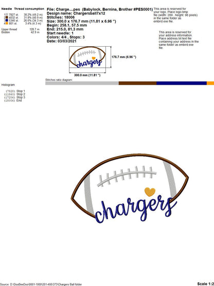 Chargers Football - Satin Stitch – Machine Embroidery Design