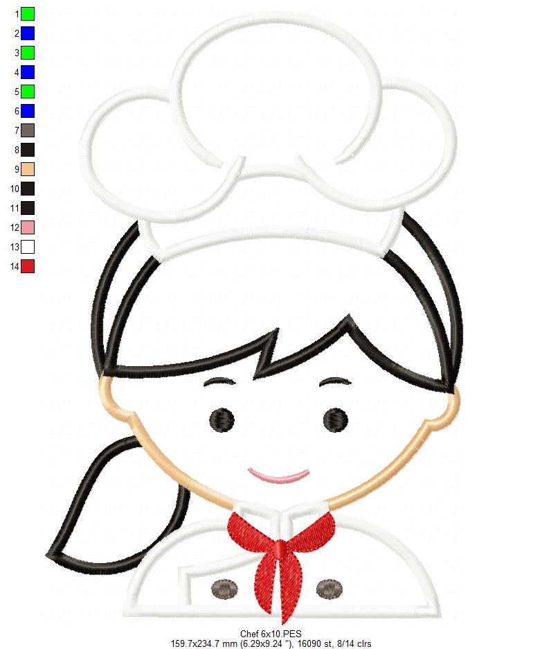 Cute Girl Chef Applique – Appliqué Stitch – Machine Embroidery Design