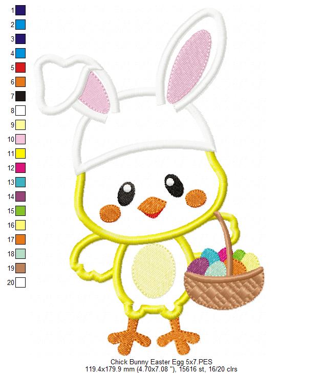 Chick Bunny with Easter Eggs Basket - Applique