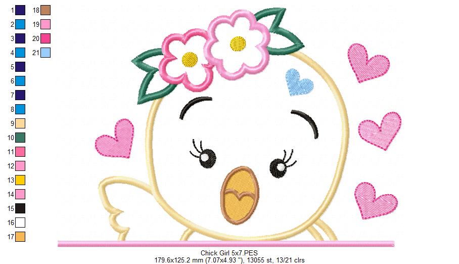Chick Girl with Flowers - Applique