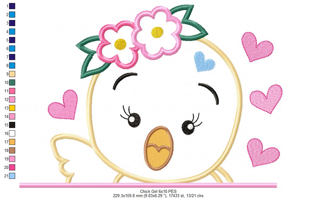 Chick Girl with Flowers - Applique