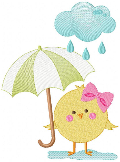 Chick Girl, Umbrella and Rain - Fill Stitch - Machine Embroidery Design