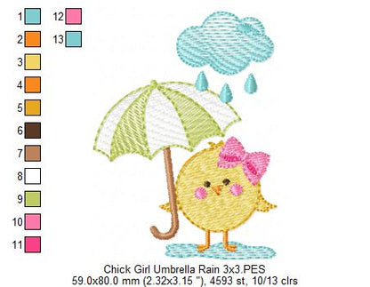 Chick Girl, Umbrella and Rain - Fill Stitch - Machine Embroidery Design