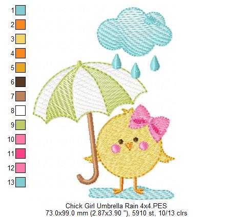 Chick Girl, Umbrella and Rain - Fill Stitch - Machine Embroidery Design
