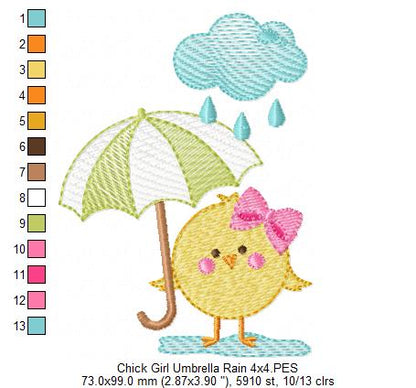 Chick Girl, Umbrella and Rain - Fill Stitch - Machine Embroidery Design