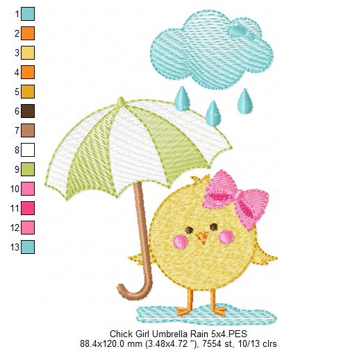 Chick Girl, Umbrella and Rain - Fill Stitch - Machine Embroidery Design