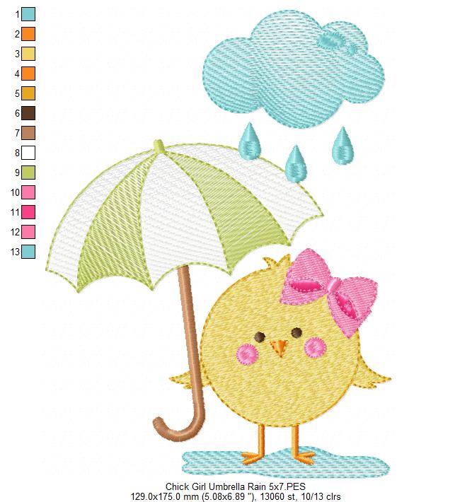 Chick Girl, Umbrella and Rain - Fill Stitch - Machine Embroidery Design