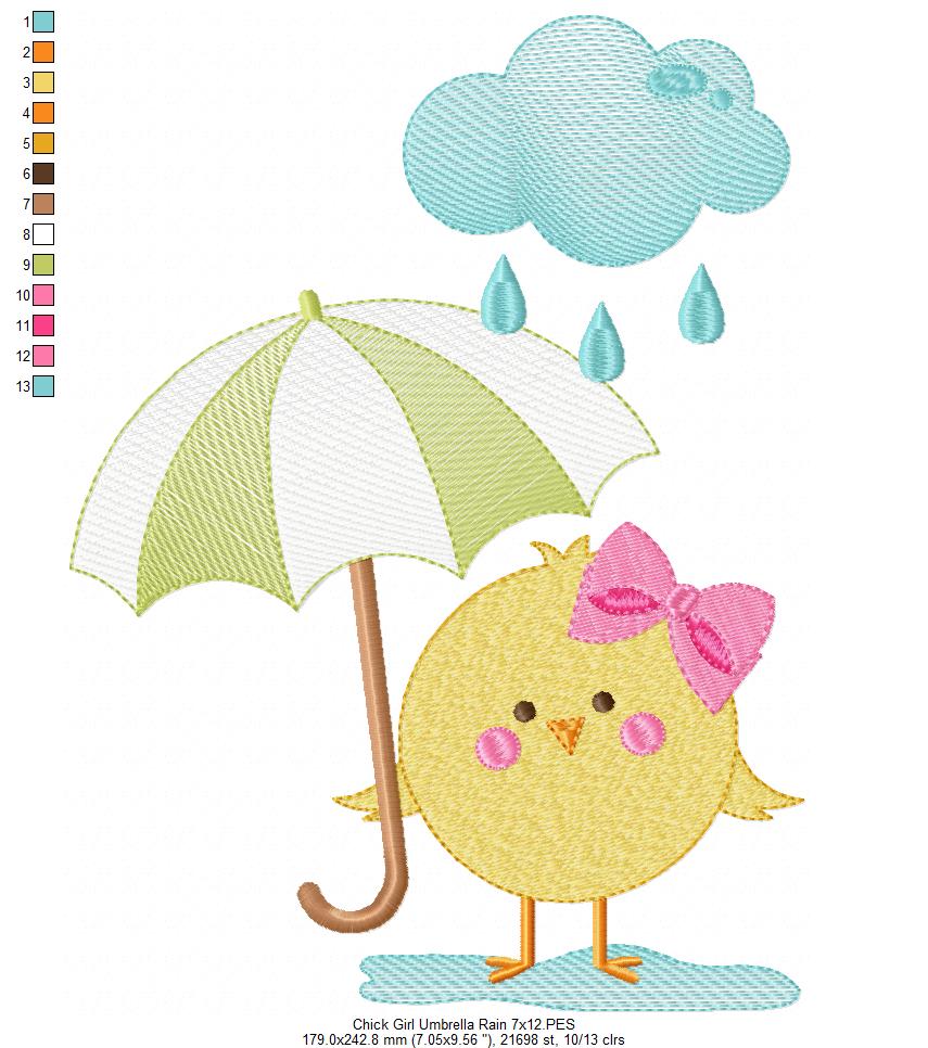 Chick Girl, Umbrella and Rain - Fill Stitch - Machine Embroidery Design