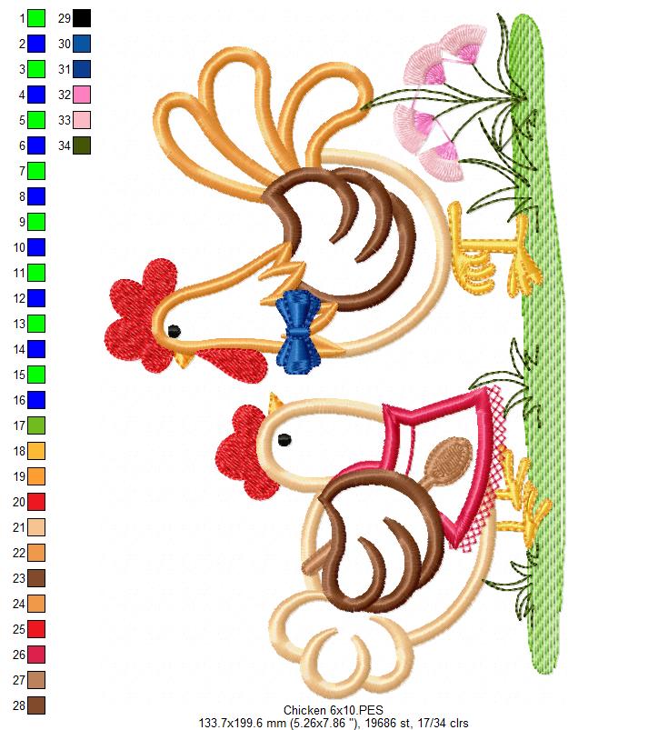 Chicken and Rooster - Applique Machine Embroidery Design