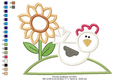 Farm Chicken and Flowers - Applique - Machine Embroidery Design