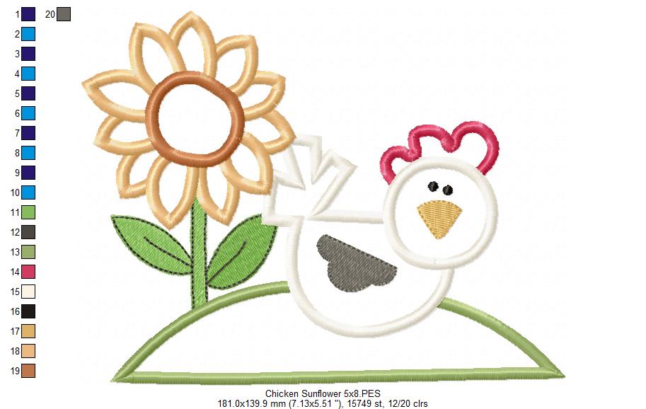 Farm Chicken and Flowers - Applique - Machine Embroidery Design