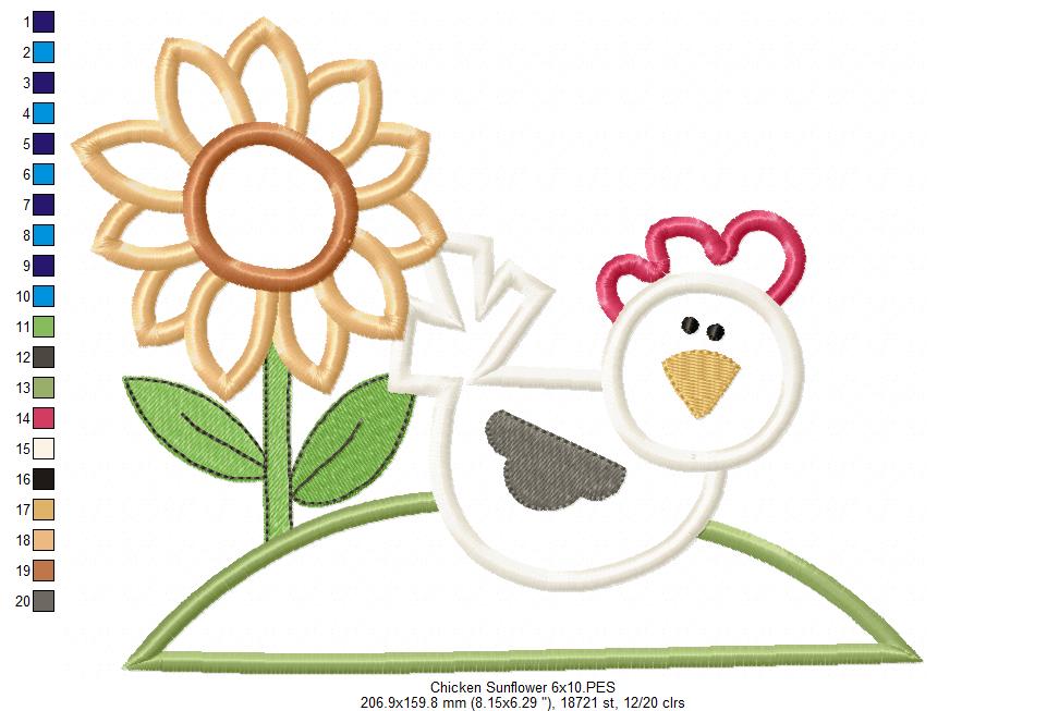 Farm Chicken and Flowers - Applique - Machine Embroidery Design