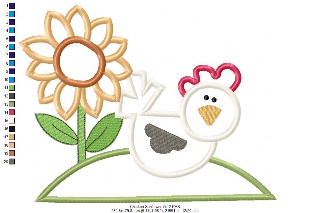 Farm Chicken and Flowers - Applique - Machine Embroidery Design
