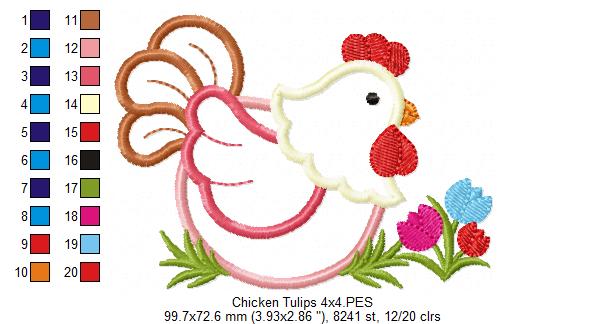 Chicken with Tulips - Applique - Machine Embroidery Design