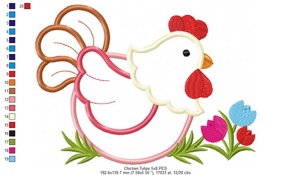 Chicken with Tulips - Applique - Machine Embroidery Design