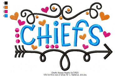 Chiefs Arrows Hearts – Satin Stitch – Machine Embroidery Design