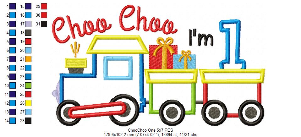 Choo Choo I'm 1 Train Birthday Number 1 One 1st Birthday  - Applique