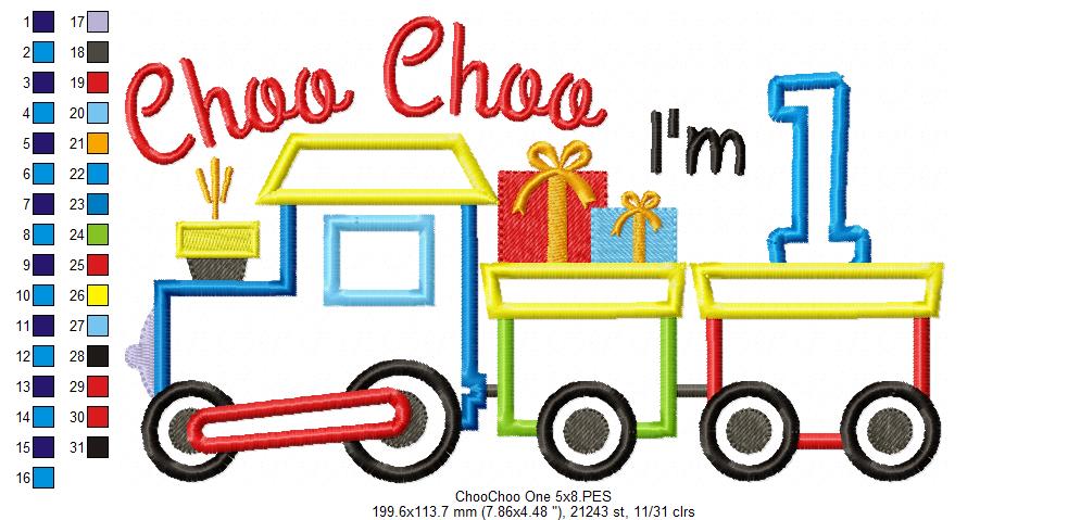 Choo Choo I'm 1 Train Birthday Number 1 One 1st Birthday  - Applique - Machine Embroidery Design