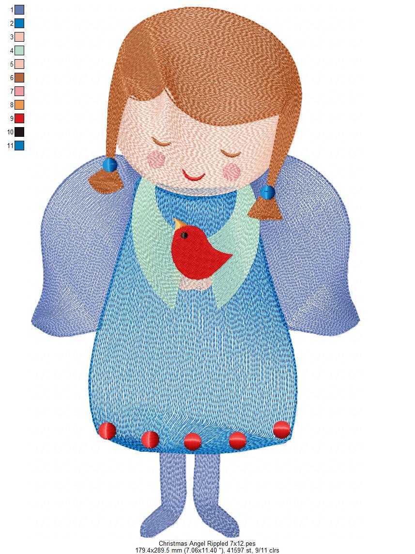 Christmas Angel with Bird - Rippled Stitch - Machine Embroidery Design