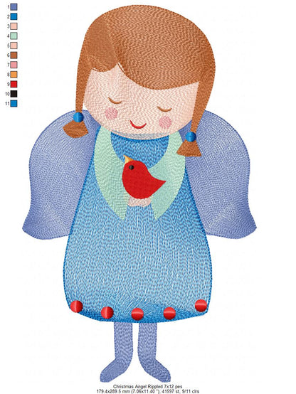 Christmas Angel with Bird - Rippled Stitch - Machine Embroidery Design