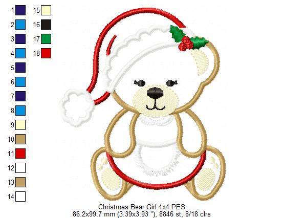 Christmas Teddy Bear Girl Santa - Applique - Machine Embroidery Design