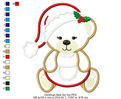 Christmas Teddy Bear Girl Santa - Applique - Machine Embroidery Design
