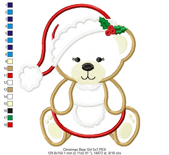 Christmas Teddy Bear Girl Santa - Applique - Machine Embroidery Design