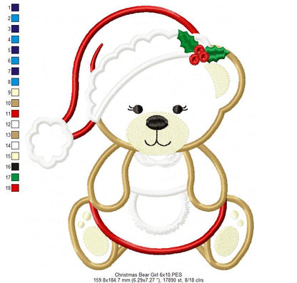 Christmas Teddy Bear Girl Santa - Applique - Machine Embroidery Design