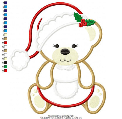 Christmas Teddy Bear Girl Santa - Applique - Machine Embroidery Design
