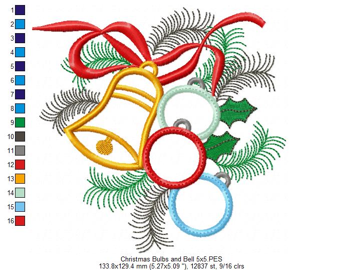 Christmas Bulbs and Bell - Applique