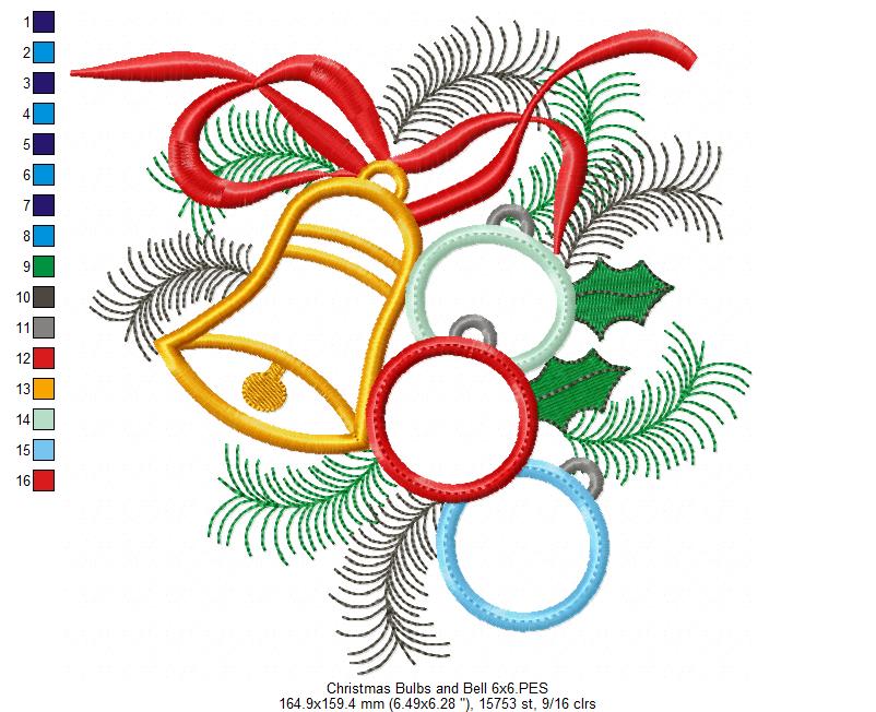 Christmas Bulbs and Bell - Applique