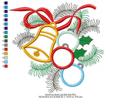 Christmas Bulbs and Bell - Applique