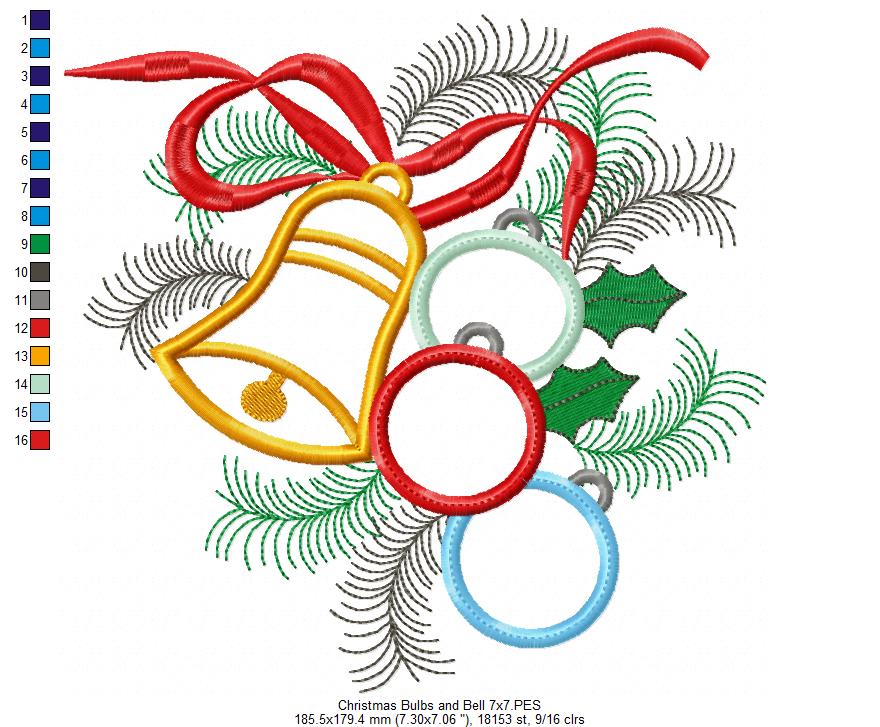 Christmas Bulbs and Bell - Applique