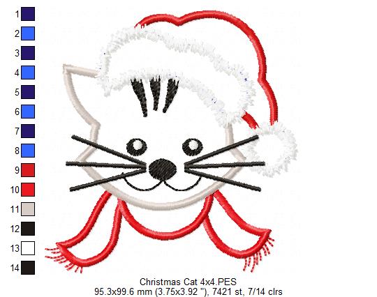 Christmas Cat Face Santa - Applique Machine Embroidery Design