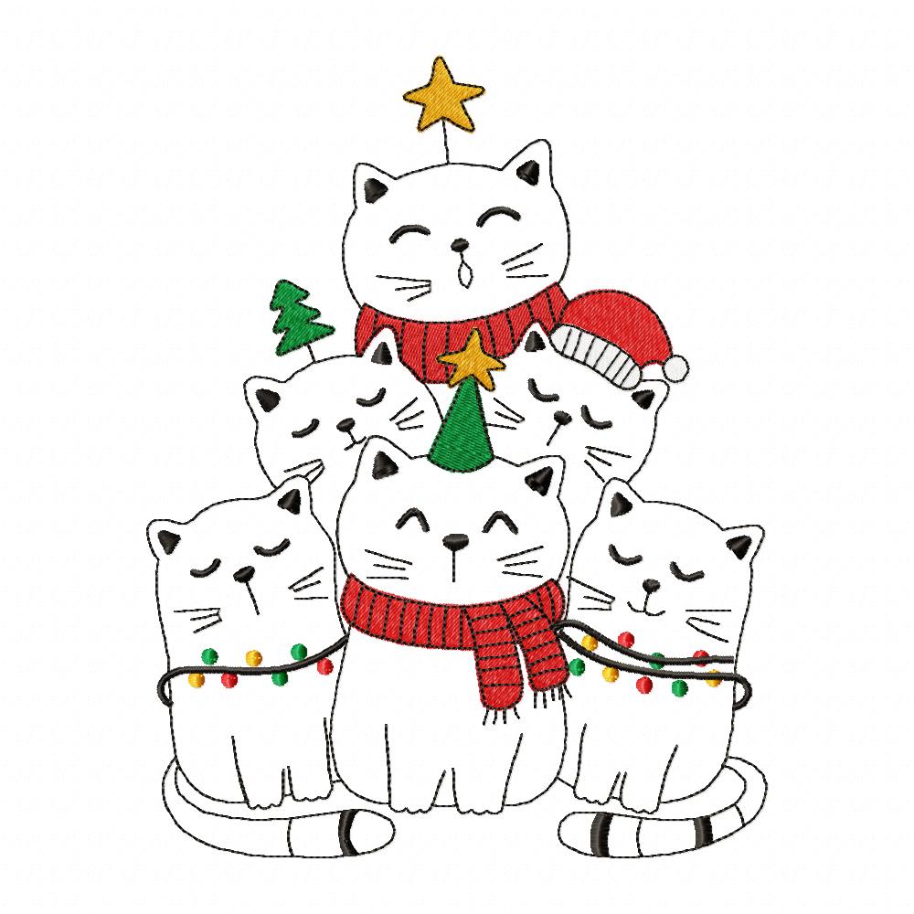 Christmas Cats Singing - Redwork - Machine Embroidery Design