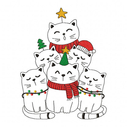 Christmas Cats Singing - Redwork - Machine Embroidery Design